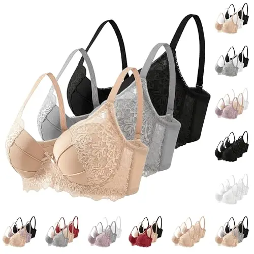 3er Pack Damen Spitzen-BH Set mit Blumenmuster, Push-Up, V-Ausschnitt, verstellbare Träger für jeden Tag