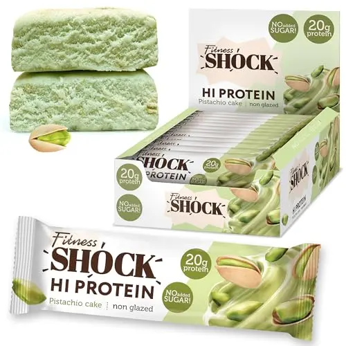 FitnesSHOCK High Proteinriegel Set, 12 Stück, 20g Eiweiß, kalorienarm, low carb, ballaststoffreich, Pistazien-Geschmack