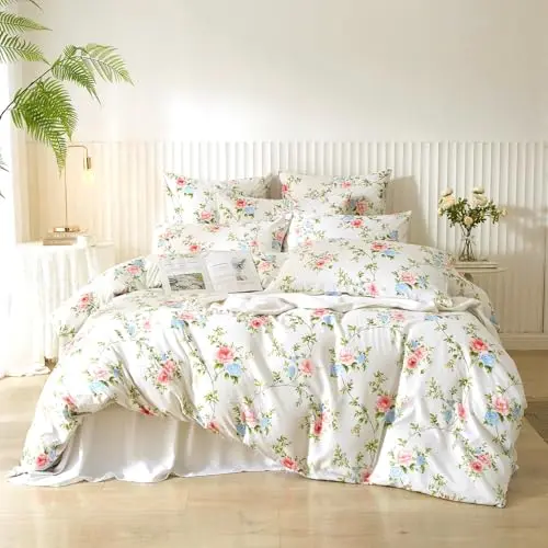 Luofanfei Wende Bettwäsche Set 135x200 cm Blumenmuster Weiß Grün Blau Rosa mit Kissenbezug 80x80 cm