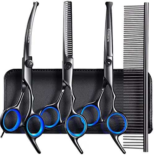Gimars Hundepflege-Scheren-Set, professionell, 5-in-1, mit runder Spitze, schwarz