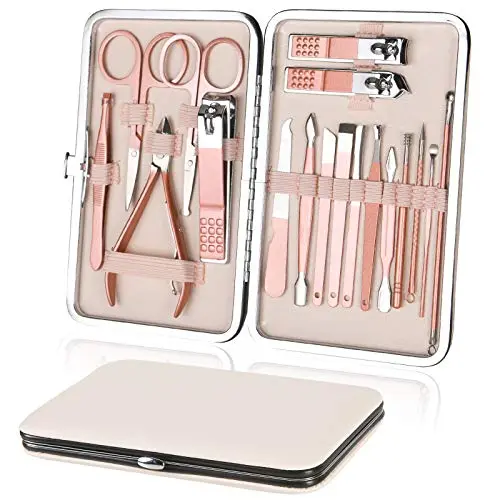 URAQT 18-teiliges Maniküre & Pediküre Set, Roségold, für Damen, Nagelpflege Kit für Zuhause & Reisen