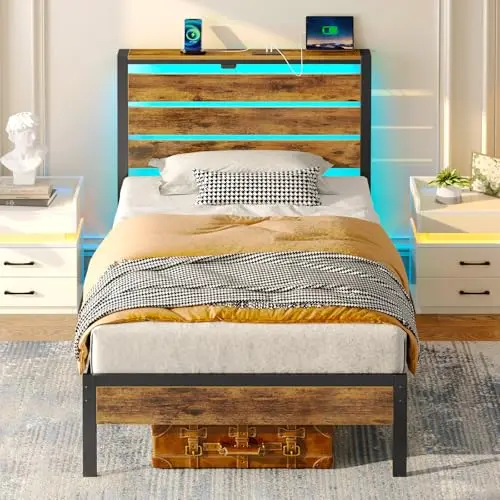 Rolanstar Bettgestell mit LED & USB, Holz-Kopfteil, Stauraum, Vintagebraun, 90x200 cm