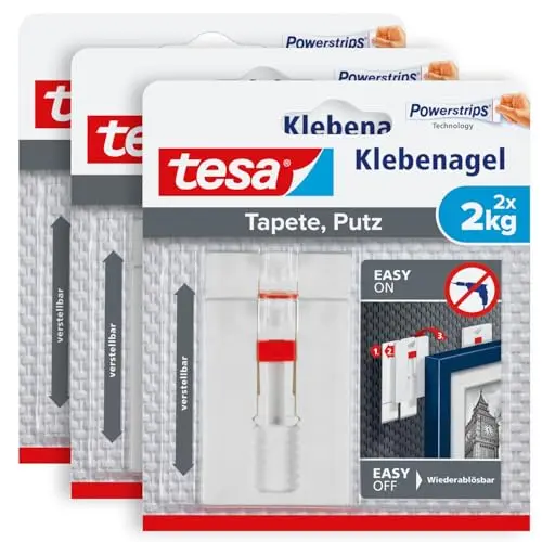 tesa Verstellbare Klebenägel für Tapeten und Putz, 3er Pack, bis zu 2 kg Halteleistung