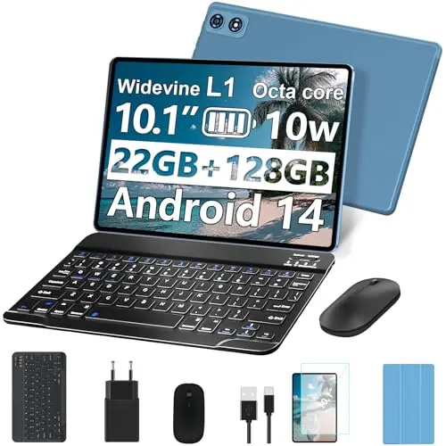 fezawio 10 Zoll Android 14 Tablet mit 22GB RAM, 128GB ROM, 5G WiFi, Tastatur, Maus und 8000mAh Akku (Blau)