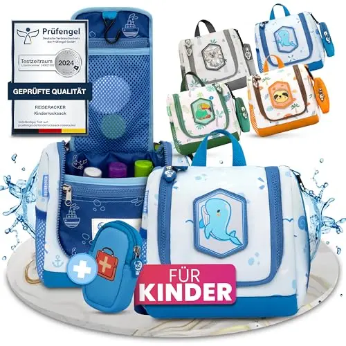 REISERACKER Kulturbeutel für Kinder mit Medi Tasche - Aufhängbare Kulturtasche für Jungen und Mädchen