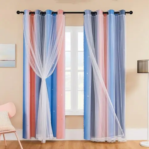 XiDi Verdunkelungsvorhänge mit Öse für Kinderzimmer - Regenbogen Design, Doppelschicht, Rosa Grau Blau, 86×183cm