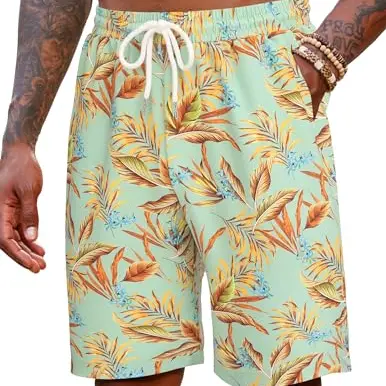 COOFANDY Herren Hawaiishorts Sommer Beach Shorts mit Gummizug, Tropenmuster, Freizeit- und Urlaubshorts, Grün, Kurz