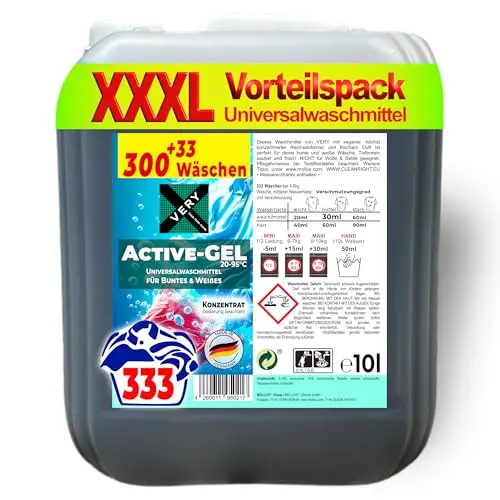 VERY® Universal Waschmittel Flüssig Gel 10L - Für Helle & Dunkle Wäsche - Buntwaschmittel mit Frischeduft