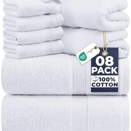 Utopia Handtuch Set - 8 Stück aus Baumwolle in Weiß (2 Badetücher, 2 Handtücher, 4 Waschlappen)