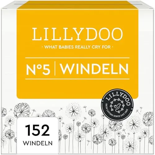 LILLYDOO Baby Windeln - Größe 5 (11-16 kg), Monatsbox (152 Stück), Hautfreundlich und dermatologisch getestet