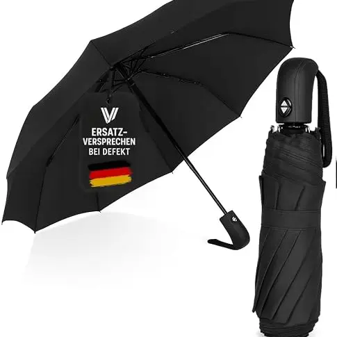 Villkin Sturmfester Regenschirm mit Auf-Zu-Automatik - Robuster Taschenregenschirm in Schwarz für Damen und Herren