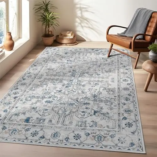 TOPICK Vintage Teppich 150x210 cm Blau Faltbar Waschbar Blumendruck rutschfest für Wohnzimmer und Schlafzimmer
