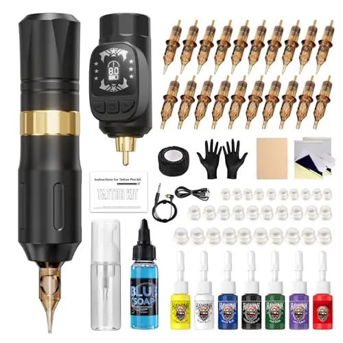 HAWINK Tattoo Maschine Set mit 1600 mAh Akku und 20 Mixed Tattoo Cartridges