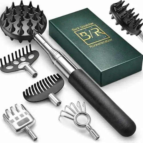 Ausziehbarer Rückenkratzer mit 5 abnehmbaren Kratzköpfen – Edelstahl-Griff, Geschenk für Männer, Väter und Frauen, Vatertagsgeschenk