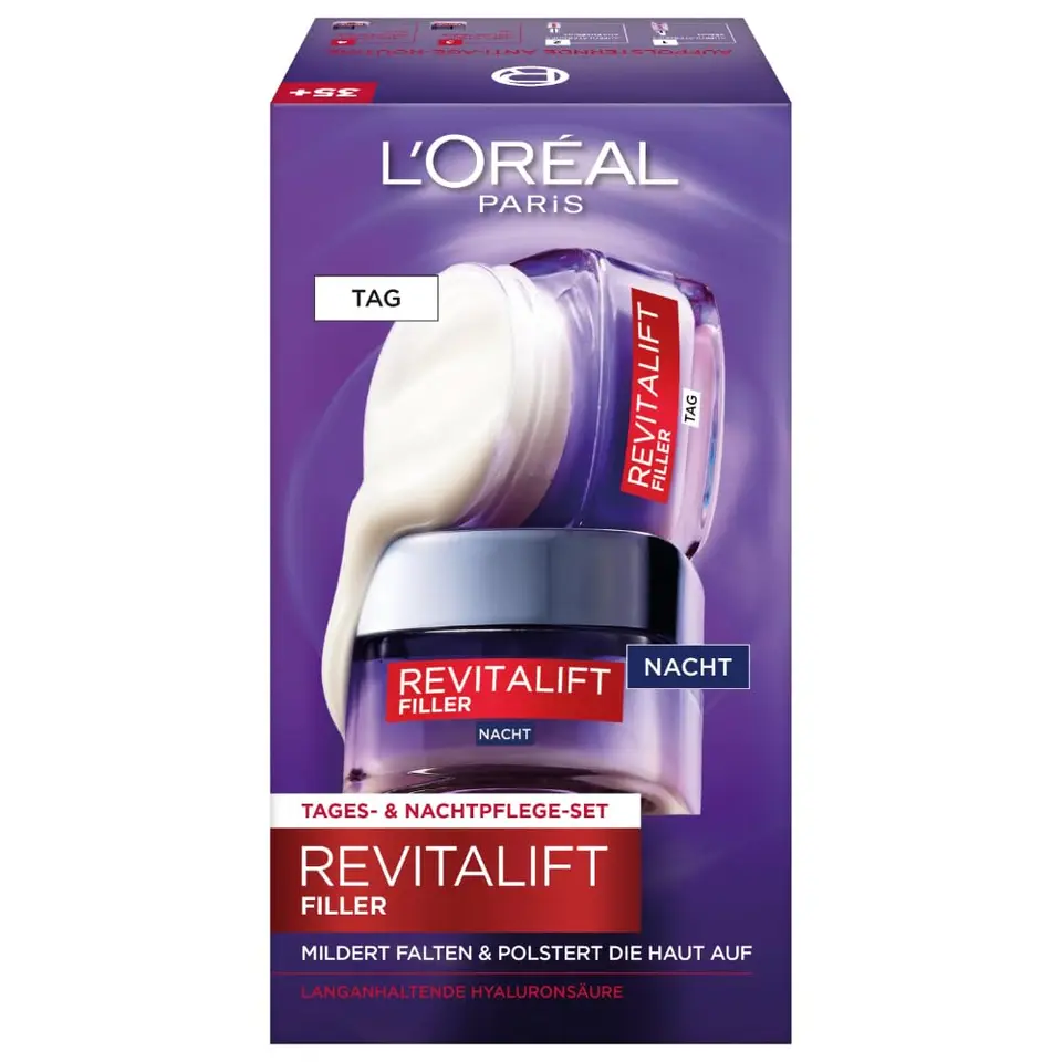 L'Oréal Paris Gesichtspflege Set: Anti-Aging Hyaluron Tages- und Nachtcreme gegen Falten, 2 x 50 ml