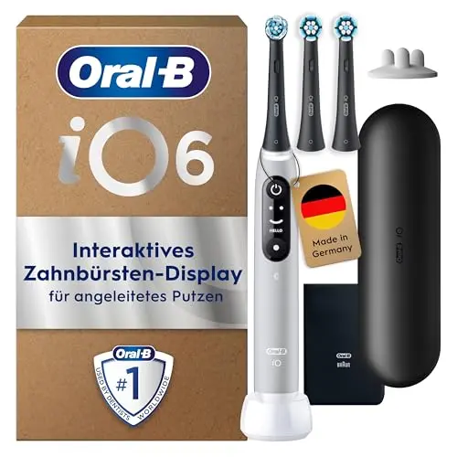 Oral-B iO Series 6 Plus Sensitive Edition Elektrische Zahnbürste mit 3 Aufsteckbürsten und Reise-Etui - 5 Putzmodi, Grau
