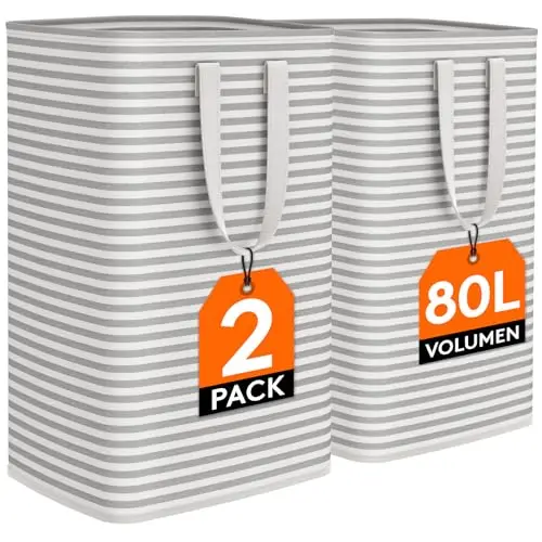 Lifewit 2er Set Wäschekorb 80L - Faltbare Aufbewahrungsbox für Kleidung, Handtücher und Spielzeug, Grau