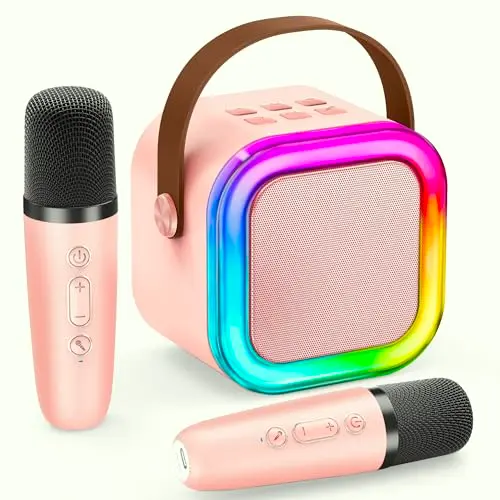 IROO Mini Karaoke Maschine für Kinder mit 2 Mikrofonen - Tragbarer Bluetooth-Lautsprecher mit LED-Lichtern (Rosa)