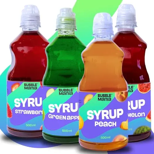 BubbleMania Frucht Sirup MIX 4 x 500 ml – Erdbeere, Grüner Apfel, Pfirsich, Wassermelone | Zuckerfrei für Getränke, Popcorn & Desserts