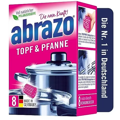 Abrazo Topf- und Pfannenreiniger mit 8 Reinigungskissen, veganer Pflanzenseife, Küchenschwamm