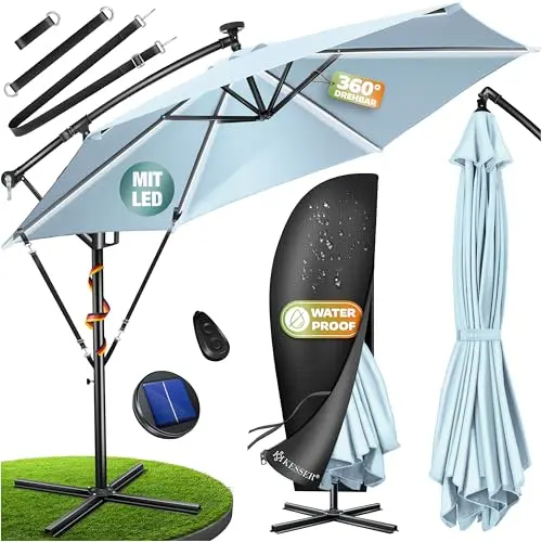 KESSER® Sonnenschirm mit LED-Beleuchtung, 300/350 cm, UV- & wasserdicht, windfest, 360° drehbar, inklusive Hülle