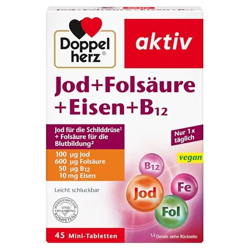 Doppelherz Jod, Folsäure, Eisen & B12 – 45 vegane Mini-Tabletten für Blutbildung