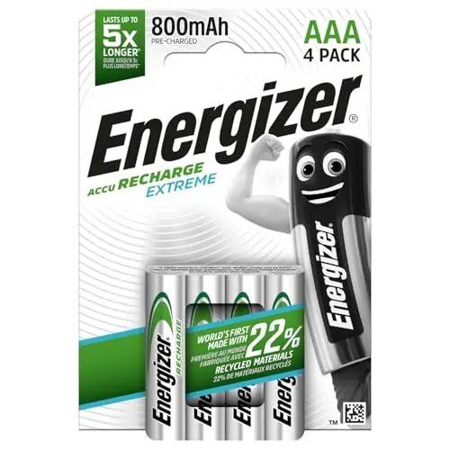Energizer Recharge Extreme - AAA Akkus wiederaufladbar (4 Stück) - 800 mAh NiMH Batterien - lang anhaltende Energie für Digitalkameras, Spiele-Controller und tragbare Geräte