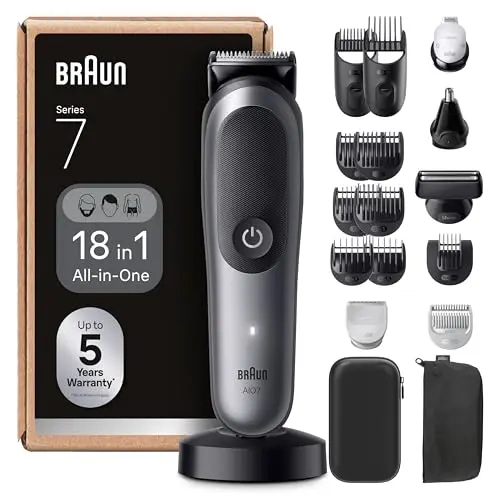Braun All-in-One Series 7 Multigroom 18-in-1, Bart- und Haarschneider, 120 Min Akku, Wasserdicht, Grau
