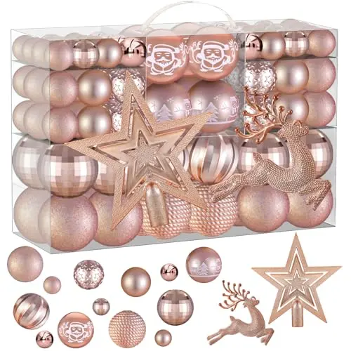 102 Stück Rosegold Weihnachtskugeln Set - Christbaumschmuck für festliche Dekoration