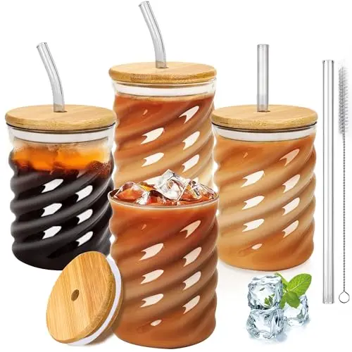 SILRIVES Glasbecher mit Deckel und Strohhalm, 4er Set, 350ml, ideal für Smoothies, Cocktails und mehr