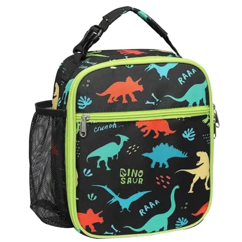Isolierte Kühltasche für Kinder - Lunchbox mit Flaschenhalter, auslaufsicher, Schwarz mit Dinosaurierdesign
