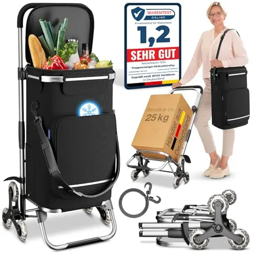 ELONEO Einkaufstrolley Treppensteiger mit Kühlefach, klappbar, höhenverstellbar, Reflektoren, abnehmbare Tasche, 43L, Schwarz