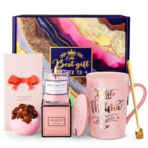 Elegantes Muttertagsgeschenkset für Mama – Rosa Marmor Kaffeetasse, Duftkerze, Badebomben und Grußkarte