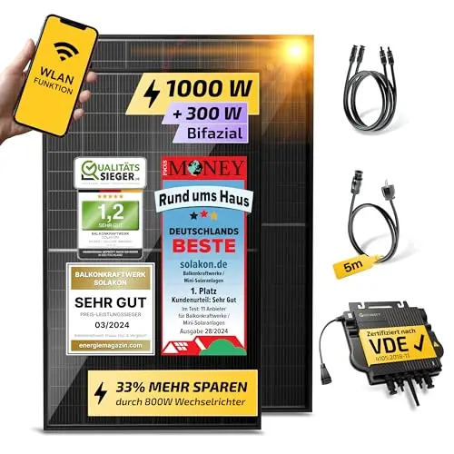Solakon 800W Balkonkraftwerk mit Wechselrichter, 500W bifaziale Solarmodule, inkl. Zubehör, 5m Kabel, ohne Halterung