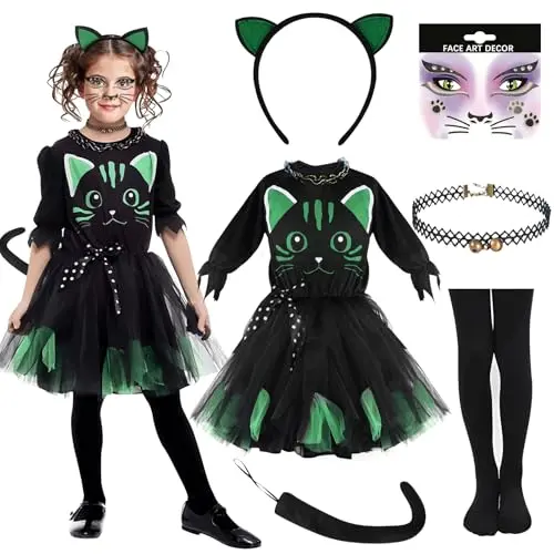 NEUFOOD Katzenkostüm für Kinder, 6-teiliges Set mit Katzenohren, Schwanz und Gesicht Aufkleber für Halloween/Fasching