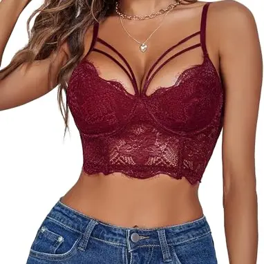 Avidlove Damen Crop Top Spitze Bauchfrei Spaghettiträger V-Ausschnitt Cami Tanktop Rot XXL