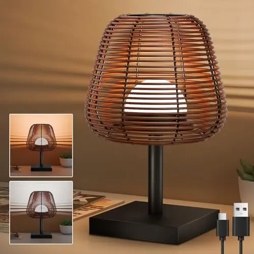 MALUX Kabellose Dimmbare Tischleuchte aus Rattan und Holz, Moderne LED Lampe mit USB Ladefunktion