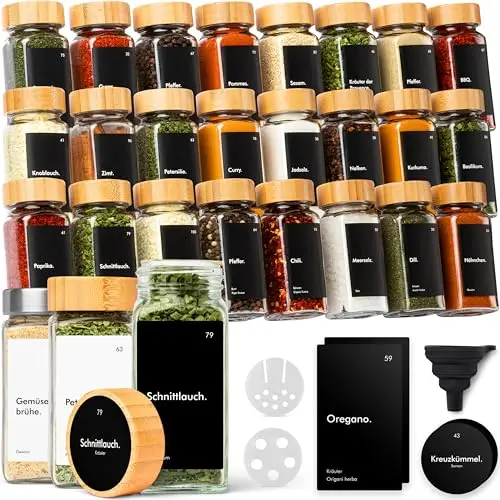 KIVY Gewürzgläser 24x 120ml mit Streueinsatz und 240 wasserfesten Labels, luftdicht, eckig, Schwarz mit Bambusdeckel
