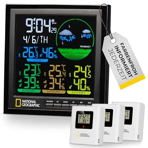 National Geographic Funk-Wetterstation mit Außensensor und 4 Messbereichen für drinnen und draußen