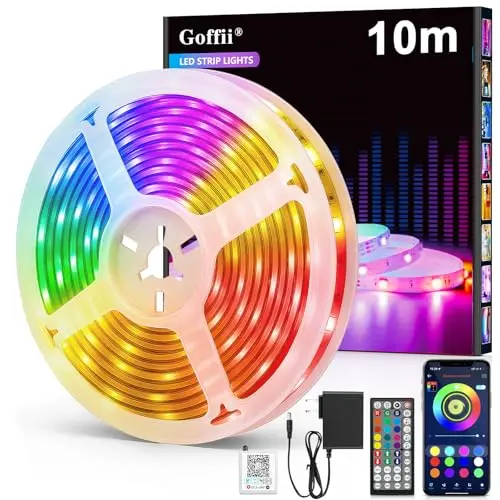 10m LED Strip, RGB Bluetooth Streifen mit Fernbedienung & App, Musik-Sync, dimmbar für Zimmer & Partydekoration
