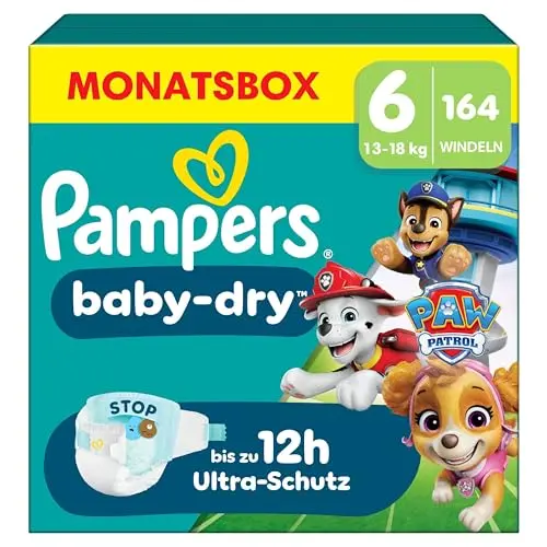 Pampers Baby-Dry Paw Patrol Edition Größe 6, 164 Windeln, 13kg-18kg, Auslaufsicher & Komfortabel bei Nacht
