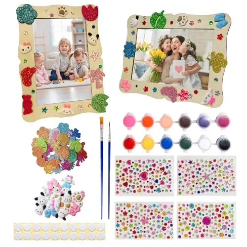 TanyoKing 6er-Holzbilderrahmen zum Bemalen für Kinder mit Wasserfarben, Glitzersteinen & Stickern