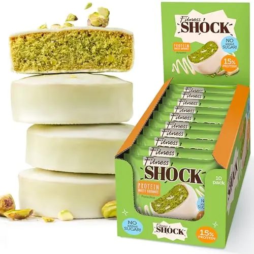 FitnesSHOCK Protein Brownie mit Pistazien, 15% Eiweiß, ohne Zucker, glutenfrei, ballaststoffreich, low carb, 10 Stück (50g)