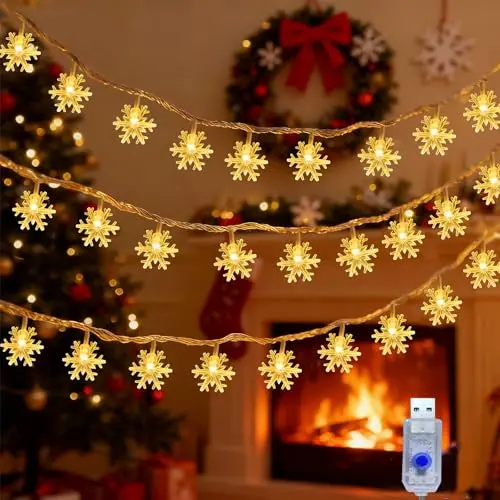 Weihnachts-Schnneeflocken Lichterkette 6m mit 40 LEDs, 8 Modi, USB, Warmweiß, ideal für Deko in Innen- und Außenbereichen