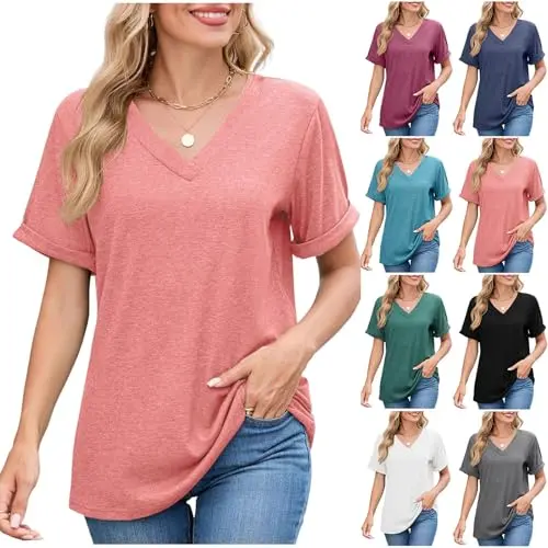 UHouse Damen V-Ausschnitt T-Shirt Sommer Kurzarm Casual Basic Shirt Rosa L