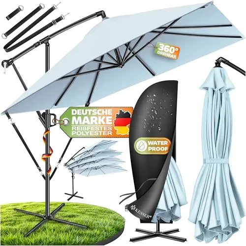 KESSER® Sonnenschirm 250x250cm, hellblau, UV- & wasserdicht, windfest, 360° drehbar, inkl. Alu-Gestell, Kurbel & Schutzhülle