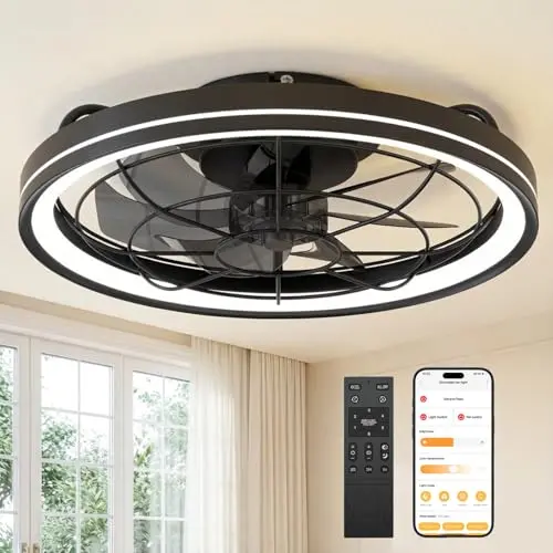 Deckenventilator mit Beleuchtung, dimmbar, leise, Fernbedienung & App, 48cm, Timer, Schwarz
