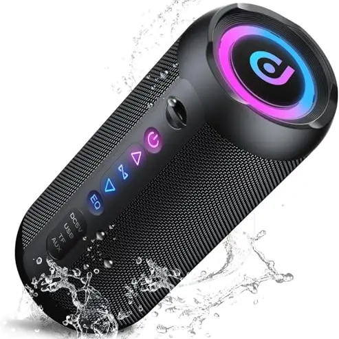 Tragbarer Bluetooth Lautsprecher mit Licht, 30W, wasserdicht IPX7, 30 Std Akku, RGB Lichter, TWS, AUX & TF Kartenslot
