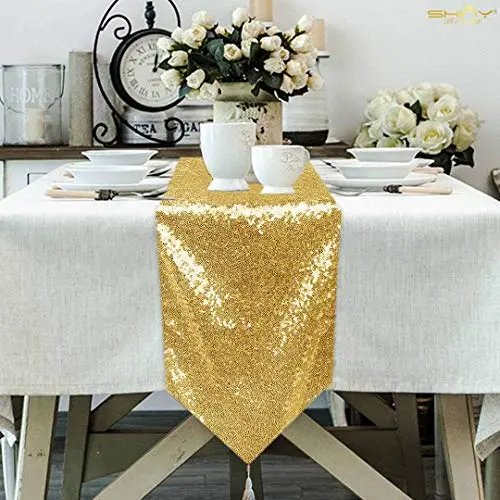 ShinyBeauty Tischläufer Quaste Grün 30 x 180 cm mit Glitzer und Pailletten für Party, Hochzeit und Bankett 12x72-Inch (Gold)