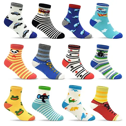 GRPSKCOS Rutschfeste Socken für Kinder - 12 Paar Antirutschsocken für Jungs und Mädchen (Cartoon-Stil, 5-7 Jahre)